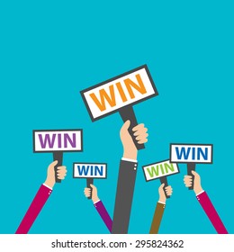 Businessman holding win sign, vector illustration for victory