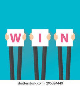 Businessman holding win sign, vector illustration for victory