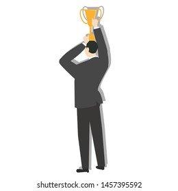 Businessman holding winner cup trophy. Flat style vector illustration isolated on white background.
