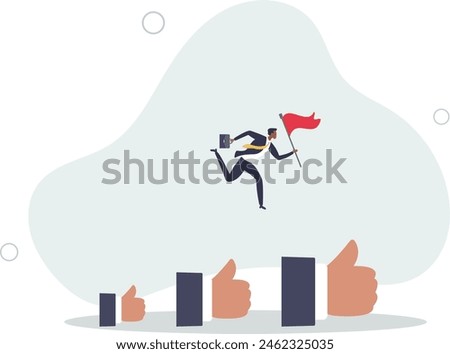 businessman holding winner flag jumping up growing thumbs up sign.flat vector illustration.