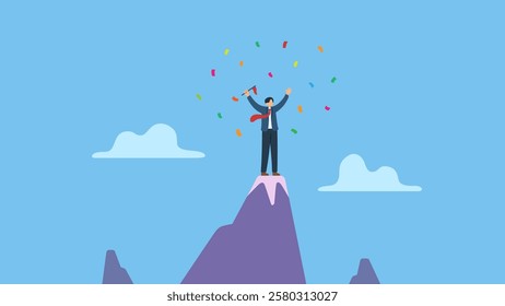 Businessman holding winner flag on top of mountain peak symbolizes business pioneer, conqueror be the first to explore success opportunity, achievement or conquest, exploration.