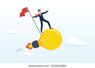 Businessman holding winner flag riding flying light bulb idea, success business idea, innovation or invention to reach goal, entrepreneur start new business, solution or career achievement (Vector)