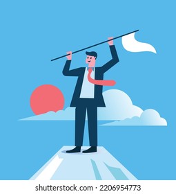 Businessman holding winner flag standing pride on top of mountain peak. Leadership and business Goal concept. Isolated flat graphic design. vector illustration