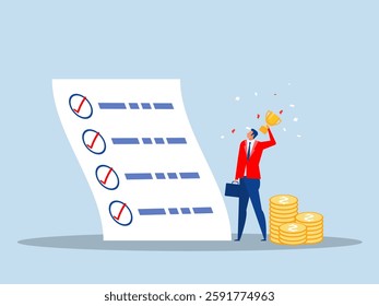 businessman holding winner trophy with habit checklist succeed and achieve goal winner progress, planning concept vector