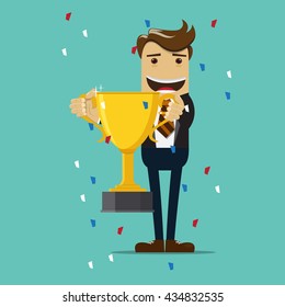 Businessman holding winner's cup. Vector illustration.