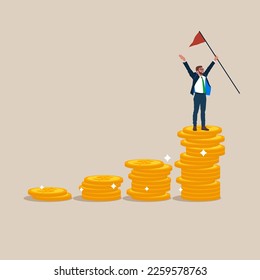 Businessman holding winning flag on top of money coins stack. Financial success, reaching financial freedom. Modern vector illustration in flat style 