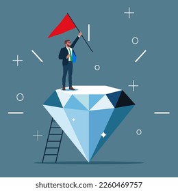 Businessman holding winning flag on precious high value diamond. Quality and advantage. Modern vector illustration in flat style 