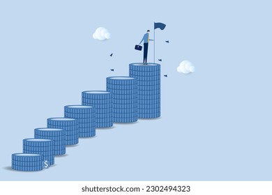 businessman holding winning flag on top of money coins stack.
Financial success, reaching financial freedom, money achievement or earning profit or savings or investment goal concept.