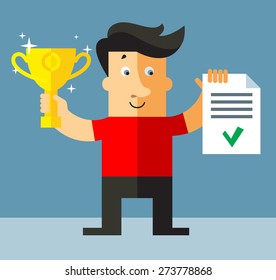 Businessman holding winning trophy.  Business flat vector illustration.