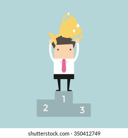 Businessman holding winning trophy vector