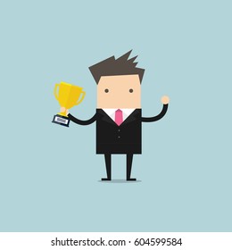 Businessman holding winning trophy. vector