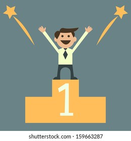 Businessman holding winning trophy. Victory concept.