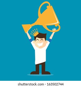 Businessman holding winning trophy. Victory concept.