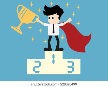 Businessman holding winning trophy. Victory concept..vector illustration.