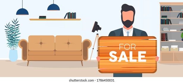 A businessman is holding a wooden sign with the inscription for sale. Young man in business suit holding a wooden sign. The concept of selling an apartment, office or building. Vector.