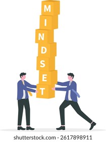 Businessman holding the word MINDSET within the form of stacked blocks. Think growth mindset concept, illustrator.

