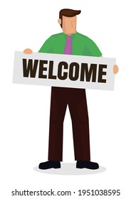 Businessman holding the word welcome against a white background. Vector banner with the text welcome. Vector illustration.