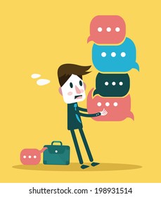 Businessman holding a lot of wordings and thinking bubble. Abstract concept design. vector illustration
