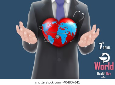 Businessman holding the world in hand concept with world health day.vector