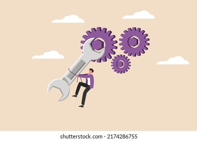 Businessman holding wrench to adjust gear cogwheels setting. Optimization business concept. Colored flat graphic vector illustration isolated.