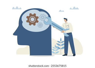 Businessman holding wrench adjusting gears on a man's head, Change mindset or attitude, Positive attitude or learning to improve in achieving goals, Psychology or human brain training, Vector design
