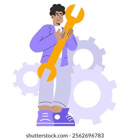 Businessman Holding Wrench concept. A professional tackling challenges with tools and solutions. Corporate maintenance and problem-solving strategies. Vector illustration.