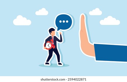 Businessman holds an alarm clock while talk to a hand as if stopping something, illustration of a protest against business decisions and offering a business time management system