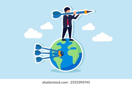 A businessman holds an arrow and stands on a globe pierced with several arrows, illustration of targeting other businesses for business expansion