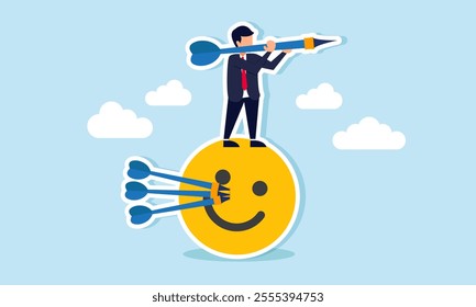 A businessman holds an arrow and stands on a happy emoticon pierced with several arrows, illustration of targeting market engagement to attract interest in business products