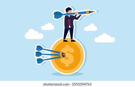 A businessman holds an arrow and stands on a dollar coin pierced with several arrows, illustration of targeting other business projects that can contribute revenue to the company