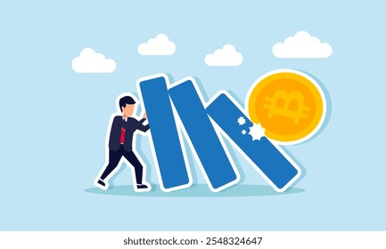 Un hombre de negocios frena la caída de bloques golpeados por un bitcoin, ilustración de mantener la cantidad de activos y la estabilidad de la valoración de bitcoin