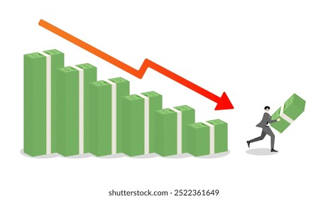 A businessman holds banknotes, runs away from stack of money bar chart with red graph down. Withdraw capital in business recession, economic strategy, financial, market performance, loss management.