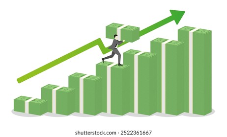 A businessman holds banknotes, runs on stack of money bar chart with green graph up. Extend investment in Bull Economy, economic success, financial management, capital market performance, and profit.