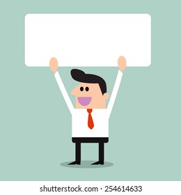 the businessman holds a big white placard. Write your message.