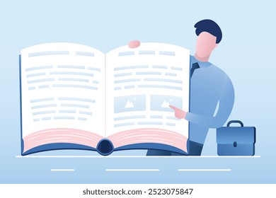 Businessman holds book - user manual, faq. Student with opened textbook, education, learning process. Online course, lesson. Benefits of reading. Writer or successful trader presents new book. vector