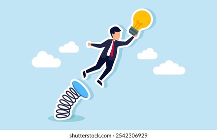 A businessman holds a bouncing lamp flying off a springboard, illustration of increasing and high-quality business ideas and innovations