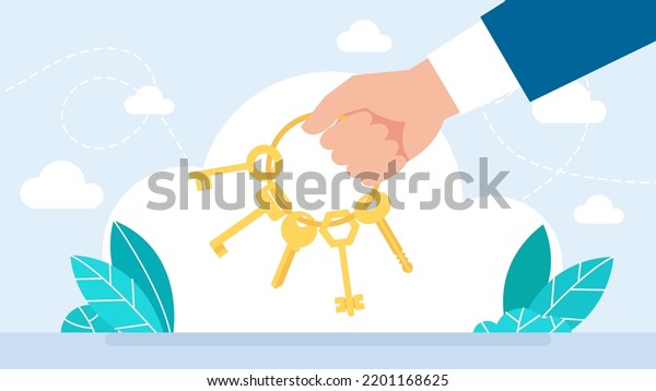 A businessman holds a bunch of keys with\
the ring for locks in his hand. Key set. Bunch of keys. Rental or\
sale. The concept of privacy, security, protection. Flat style.\
Vector business\
illustration.