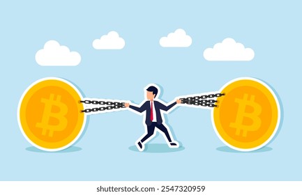 A businessman holds a chain binding a bitcoin with both hands, illustration of preserving bitcoin assets for growth and development