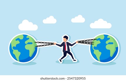 A businessman holds a chain binding a globe with both hands, illustration of keeping a business relevant with global business trends