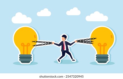 A businessman holds a chain binding a lamp with both hands, illustration of preserving business ideas and innovations to stay relevant with business growth