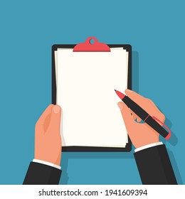 Businessman holds a clipboard with white blank sheets in hands. Pen in hand. Form for text profile or survey. Empty blank. Blank for questionnaire. Vector flat design. Isolated on white background.
