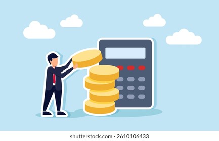 A businessman holds a coin intending to stack it on top of a pile of coins next to a calculator, illustration of business profit calculation