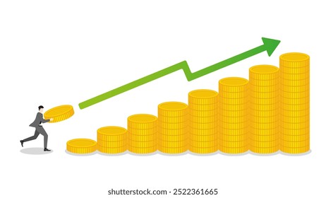 A businessman holds a coin, runs to stack of money bar chart with green graph up. Extend investment in Bull Economy, economic success, financial management, capital market performance, and profit.