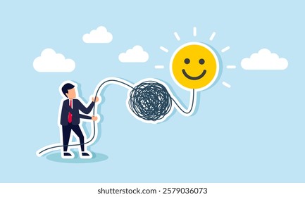 A businessman holds a complex rope connected to a glowing happy emoticon, illustration of idealism in increasing business market attention