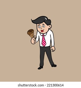 Businessman Holds Cone Of Ice Cream Cartoon