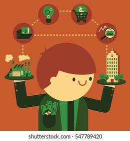 A businessman holds a corporate building on one hand and, on the other, a factory