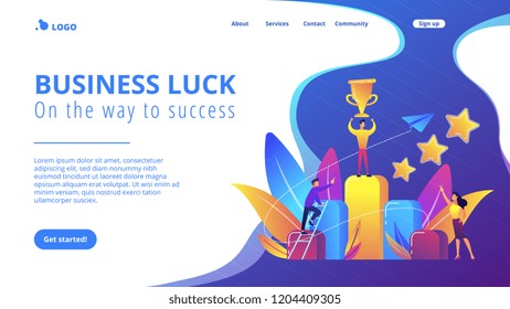 Businessman holds a cup on top of column graph. Key to success and success story, business chance, on the way to success concept on white background. Website vibrant violet landing web page template.