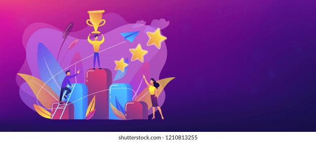 Businessman Holds A Cup On Top Of Column Graph. Key To Success And Success Story, Business Chance, On The Way To Success Concept On White Background. Header Or Footer Banner Template With Copy Space.