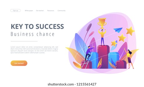 Businessman Holds A Cup On Top Of Column Graph. Key To Success And Success Story, Business Chance, On The Way To Success Concept On White Background. Website Vibrant Violet Landing Web Page Template.