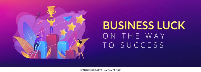 Businessman holds a cup on top of column graph. Key to success and success story, business chance, on the way to success concept on white background. Header or footer banner template with copy space.